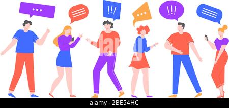 Comunicare persone. Gruppo di personaggi femminili e maschili che parlano bolle comunicare, chattare utilizzando smartphone, conversazione e chiamata Illustrazione Vettoriale