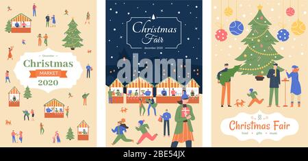 Volantino del mercato delle vacanze. Poster fiera di Natale, invito al mercato di dicembre vacanze, via dello shopping Natale decorato stalli all'aperto vettore Illustrazione Vettoriale