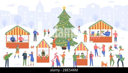Mercatino di Natale. Fiera di vacanza, gente cartoon camminare su bancarelle decorate all'aperto e acquistare vino, cibo e souvenir di Natale vettore colorato Illustrazione Vettoriale