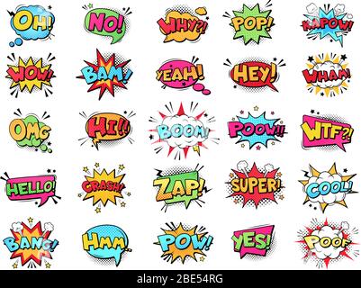 Fumetto discorso bolla. Fumetti fumetti fumetti nuvole di testo. Fumetti pop art book pow, oops, wow, boom esclamativo segni vettoriali fumetti parole set. Retro creativo Illustrazione Vettoriale
