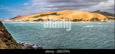 Dune di sabbia di North Head, Hokianga Harbour, Tasman Sea, vista da South Head, Arai te Uru Scenic Reserve, vicino a Omapere, North Island, Nuova Zelanda Foto Stock