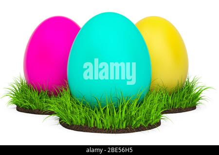 Uova di Pasqua colorate nell'erba verde, concetto di Pasqua. Rendering 3D isolato su sfondo bianco Foto Stock