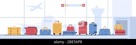Carosello per bagagli. Scansione valigie, nastro trasportatore bagagli con borse e valigie. Illustrazione vettore di trasporto aereo Illustrazione Vettoriale