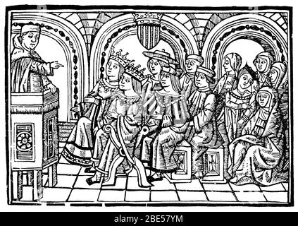 Sancho porta (m. 1429) predicando davanti ai re d'Aragona. 'Sermons fativitatus ...'. Illustrator: Joannis Joffre, Valencia 1512. Foto Stock