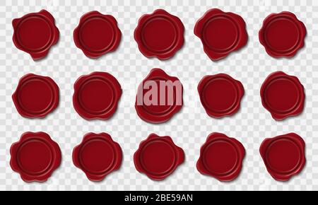Timbri di cera realistici. Busta sigillo in cera rosso, cartellonaggio postmark e retrò certificato di affrancatura vettore isolato icone set Illustrazione Vettoriale