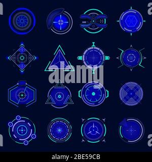 Obiettivo ottico futuristico. Puntamento della tecnologia UI, mirini futuristici militari e bersaglio dell'arma, collimatore del gioco del mirino di precisione, bersagli futuri Illustrazione Vettoriale