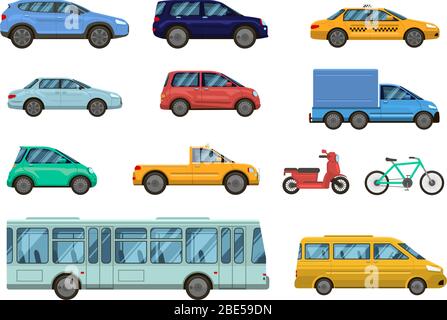 Veicolo di trasporto. Auto pubbliche, taxi, autobus e moto. Trasporto urbano su strada, set isolato vettore di raccolta auto Illustrazione Vettoriale