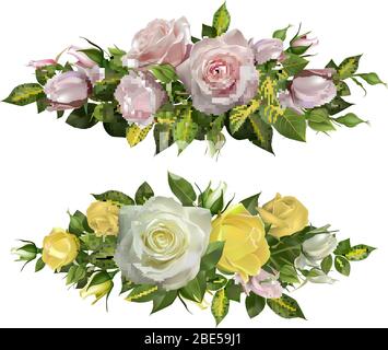 Fiori di rosa bordi realistici. Cornice decorativa floreale, fiori teneri con foglie e burgeon, elementi floreali per carta da matrimonio e. Illustrazione Vettoriale