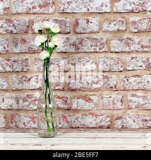 Garofani bianchi spray in una piccola bottiglia di vetro con sfondo effetto muro vecchio mattone Foto Stock