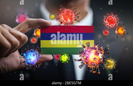 Corona Virus Around Mauritius Flag. Concetto epidemia pandemica nel paese Foto Stock