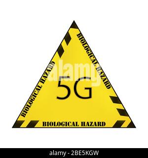 Segno triangolare giallo vettoriale con strisce nere restrittive e l'iscrizione 5g di materiale a rischio biologico isolato su sfondo bianco. Nuova generazione Illustrazione Vettoriale