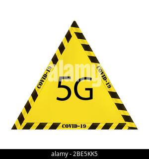 Segno triangolare vettoriale giallo con striscia restrittiva gialla e nera isolata su sfondo bianco. Concetto di dipendenza da 5g dal coronovirus. Segno di Illustrazione Vettoriale