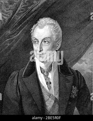 Klemens Wenzel Lothar von Metternich, principe e fino al 1813 conte von Metternich-Winneburg zu Beilstei, 15 maggio 1773 - 11 giugno 1859, è stato un diplomatico austriaco, politico e statista / Klemens Wenzel Lothar von Metternich, Clemens Wencesuk, Nepomlaus Lothar, in Fürst bzw. Bis 1813 Graf von Metternich-Winneburg zu Beilstei, 15. Maggio 1773 -11. Juni 1859, war ein österreichischer Diplomat, Politiker und Staatsmann, Historisch, riproduzione digitale migliorata di un originale del 19 ° secolo / digitale Reproduktion einer Originalvorlage aus dem 19. Jahrhundert Foto Stock