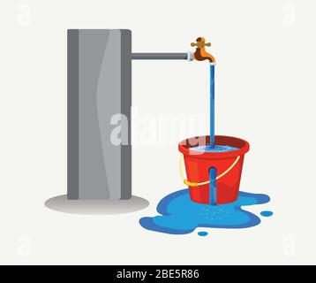 Acqua di scarico dal rubinetto corrente. Tema dello spreco di acqua per risparmiare acqua. Spargere l'acqua sul pavimento dal secchio del foro. Illustrazione Vettoriale