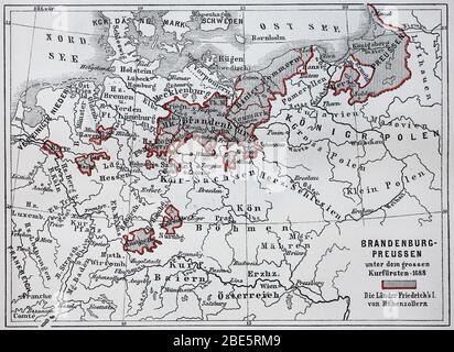 Mappa di Brandeburgo e Prussia al tempo del grande Elettore, 1688 / Landkarte von Brandenburg und Preußen zur Zeit des großen Kurfürsten, 1688, Historiisch, riproduzione digitale migliorata di un originale del 19 ° secolo / digitale Reproduktion einer Originalvorlage aus dem 19. Jahrhundert Foto Stock