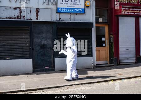 Glasgow, Scozia, Regno Unito. 12 aprile 2020. La Domenica di Pasqua durante la pandemia di coronavirus di blocco il coniglietto di Pasqua visto a piedi le strade in un caldo pomeriggio di sole. Credit: SKULLY/Alamy Live News Foto Stock