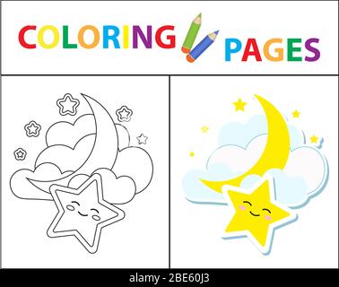 Pagina del libro da colorare per i bambini. Luna, stelle. Profilo dello schizzo e versione a colori. Educazione dei bambini. Illustrazione. Foto Stock