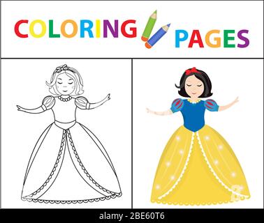 Pagina del libro da colorare per i bambini. Neve bianca piccola principessa. Profilo dello schizzo e versione a colori. Educazione dei bambini. Illustrazione. Foto Stock