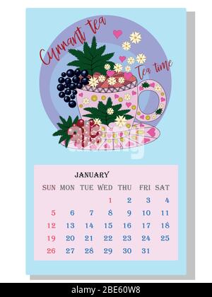 Calendario delle bevande: Con disegni di dessert stagionali di vari tè, caffè, cacao. Tè con ingredienti da ricetta. Illustrazione Vettoriale