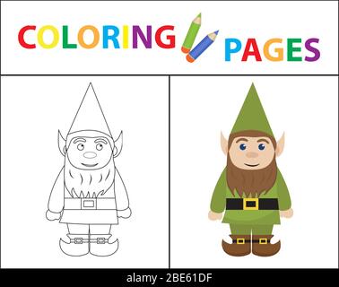 Pagina del libro da colorare per i bambini. Gnome della foresta. Profilo dello schizzo e versione a colori. Educazione dei bambini. Illustrazione. Foto Stock