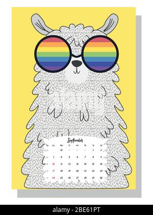 Calendario mensile carino del 2021 con lama, cactus, iscrizioni in stile scandinavo per bambini. Per Web, banner, poster, etichette e stampa. Illustrazione Vettoriale