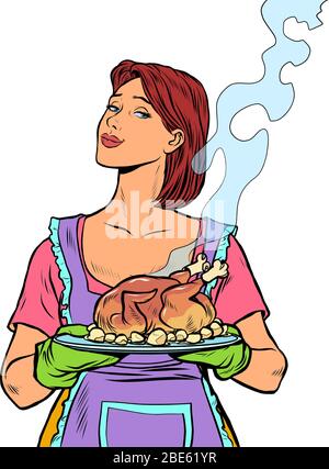 Donna con anatra di pollo fritta pronta. Isolare su uno sfondo bianco Illustrazione Vettoriale