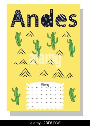 Calendario mensile carino del 2021 con lama, cactus, iscrizioni in stile scandinavo per bambini. Per Web, banner, poster, etichette e stampa. Illustrazione Vettoriale