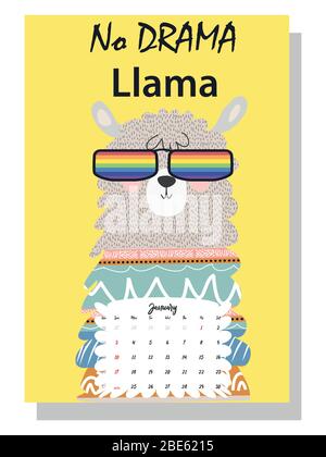 Calendario mensile carino del 2021 con lama, cactus, iscrizioni in stile scandinavo per bambini. Per Web, banner, poster, etichette e stampa. Illustrazione Vettoriale