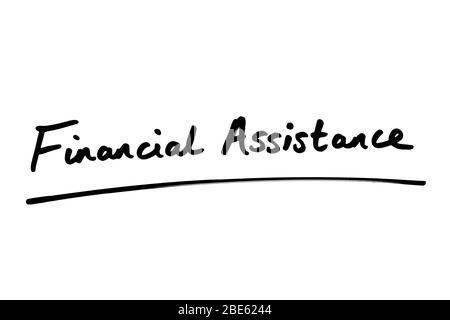 Assistenza finanziaria scritta a mano su sfondo bianco. Foto Stock