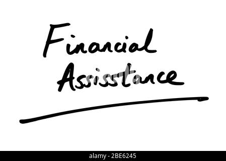 Assistenza finanziaria scritta a mano su sfondo bianco. Foto Stock