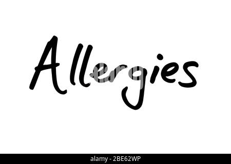 La parola Allergie manoscritte su sfondo bianco. Foto Stock