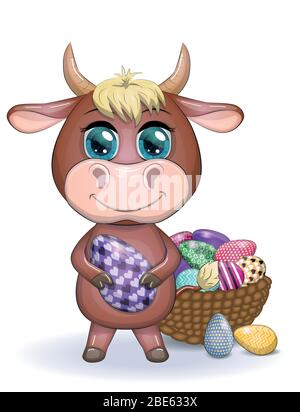 Carino mucca da cartone animato, un toro con un uovo di Pasqua, accanto ad un cesto di uova, simbolo 2021 sul calendario orientale. Illustrazione Vettoriale