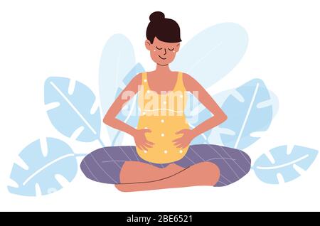 Yoga per la gravidanza in posizione lotus cute stile piatto disegno vettoriale colore Illustrazione Vettoriale