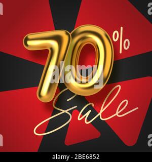 70 di sconto promozione vendita fatta di realistiche 3d oro testo. Numero sotto forma di palloncini dorati. Modello per prodotti, pubblicità, banner Web Illustrazione Vettoriale