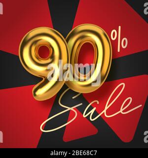 90 di sconto promozione vendita fatta di realistiche 3d oro testo. Numero sotto forma di palloncini dorati. Modello per prodotti, pubblicità, banner Web Illustrazione Vettoriale