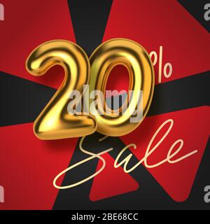 20 di sconto promozione vendita fatta di realistiche 3d oro testo. Numero sotto forma di palloncini dorati. Modello per prodotti, pubblicità, banner Web Illustrazione Vettoriale