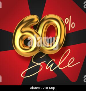 60 di sconto promozione vendita fatta di realistiche 3d oro testo. Numero sotto forma di palloncini dorati. Modello per prodotti, pubblicità, banner Web Illustrazione Vettoriale