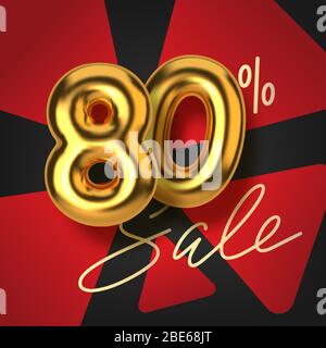 80 di sconto promozione vendita fatta di realistiche 3d oro testo. Numero sotto forma di palloncini dorati. Modello per prodotti, pubblicità, banner Web Illustrazione Vettoriale
