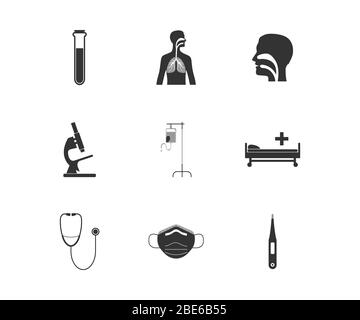 Set di icone per il settore sanitario e medico. Illustrazione vettoriale, design piatto. Illustrazione Vettoriale