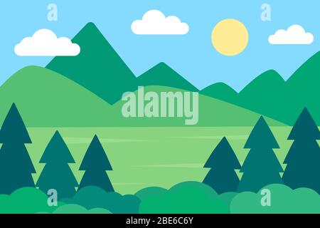 Paesaggio con campo verde con alberi e montagne in una giornata di sole. Illustrazione vettoriale in stile piatto naturale. Estate o primavera natura paesaggio Illustrazione Vettoriale
