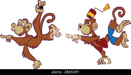 Cartoon vettoriale clip art illustrazione set di due scimmie arrabbiate mascotte, uno selvaggio, uno addomesticato in costume, uno appeso e puntando, uno salto e. Illustrazione Vettoriale