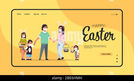 famiglia che tiene cestini con uova celebrare felice pasqua vacanza indossare maschera per prevenire coronavirus orizzontale a tutta lunghezza copia spazio illustrazione vettoriale Illustrazione Vettoriale