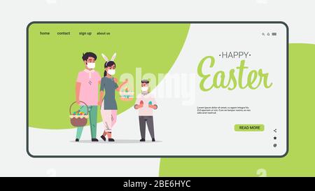 famiglia asiatica che tiene cestini con uova celebrare felice pasqua che indossa la maschera per prevenire coronavirus orizzontale a tutta lunghezza copia spazio illustrazione vettoriale Illustrazione Vettoriale