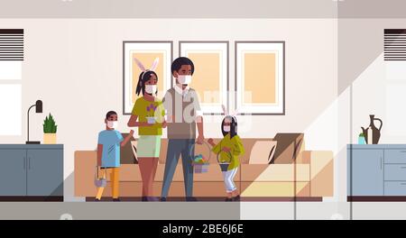 famiglia che tiene cestini con uova celebrare felice festa di pasqua genitori e bambini africano-americani che indossano maschera per prevenire coronavirus soggiorno interno orizzontale intera lunghezza illustrazione vettoriale Illustrazione Vettoriale