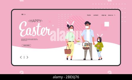 famiglia che tiene cestini con uova celebrare felice pasqua vacanza indossare maschera per prevenire coronavirus orizzontale a tutta lunghezza copia spazio illustrazione vettoriale Illustrazione Vettoriale