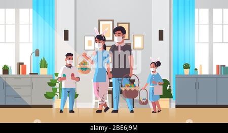 famiglia che tiene cestini con uova celebrare felice festa di pasqua genitori e bambini indossando maschera per prevenire coronavirus moderno soggiorno interno orizzontale intera lunghezza illustrazione vettoriale Illustrazione Vettoriale