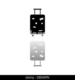 Bagaglio da viaggio. Simbolo nero su sfondo bianco. Illustrazione semplice. Icona vettore piatto. Specchia ombra di riflessione. Può essere utilizzato in logo, web, mobile e Illustrazione Vettoriale
