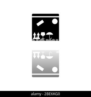 Scatola del pacco. Simbolo nero su sfondo bianco. Illustrazione semplice. Icona vettore piatto. Specchia ombra di riflessione. Può essere utilizzato in logo, Web, dispositivi mobili e interfaccia utente Illustrazione Vettoriale