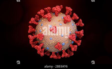 Resa scientifica accurata di una cellula di coronavirus come la struttura del virus dell'influenza o del covid con glicoproteina di picco, proteine M, proteine e, emoagglutinina A. Foto Stock