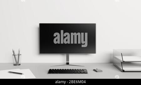 Desktop con schermo, tastiera, mouse, carte e penne. Concetto di ufficio domestico. Rendering 3D. Foto Stock